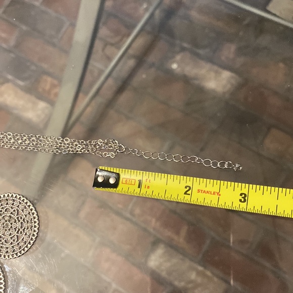 WHBM - silver tone bib necklace w 5 large & small rhinestone discs, multi chains - Picture 8 of 16